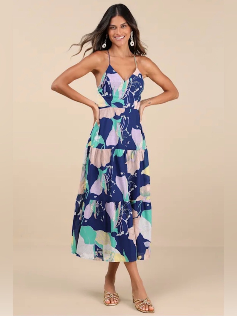 Lulus XS Navy Floral Tiered Maxi Dress Spaghetti Strap Elastic Waist Ankle Lengt